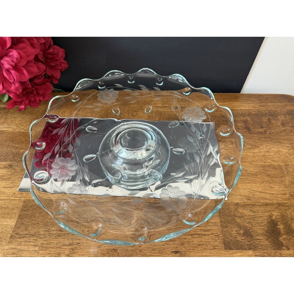 Vintage Etched Cornflower W J Hughes‎ Glass Pedestal Serving Plate